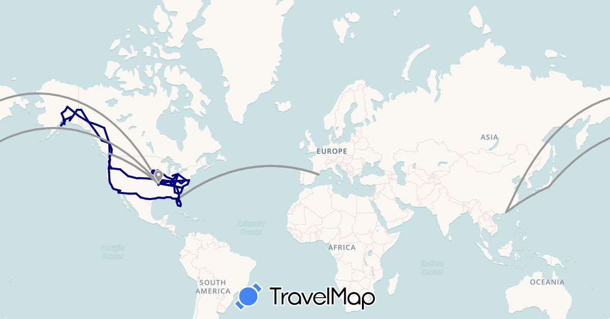 TravelMap itinerary: driving, plane in Canada, Spain, Hong Kong, Japan, United States (Asia, Europe, North America)